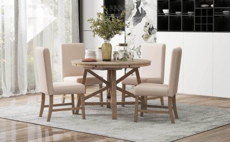 TREXM 5-Piece Retro Functional Dining Set with Extendable Round Table with Removable Middle Leaf and 4 Upholstered Chairs for Dining Room and Living R